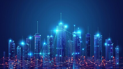 The digital urban landscape composed of city landmark skyscrapers connected by glowing lines,A digital cityscape with skyscrapers connected by glowing lines, representing the smart urban future of bui
