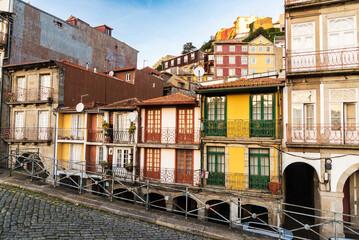 Facade of old classic buildings, Oporto, Portugal