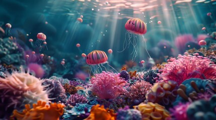 Fototapeta premium surreal digital illustration of a dreamlike underwater scene with floating objects