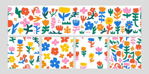 Abstract flower pattern. Doodle plant seamless background. Colorful floral elements, bloom, leaves and branches. Cutout paper botanic shapes. Kids naive style vector set