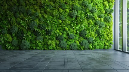 a modern design element with a lush green moss wall set against a checkered pattern grey floor, creating a striking natural and contemporary aesthetic.