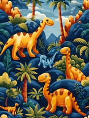 Naklejka premium Colorful illustration of dinosaurs in a lush, prehistoric jungle filled with vibrant plants and trees under a blue sky.