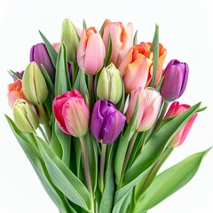 Obraz premium Bouquet of colorful tulips isolated on a white background,