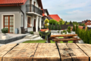 Wooden desk of free space and grill party in garden 