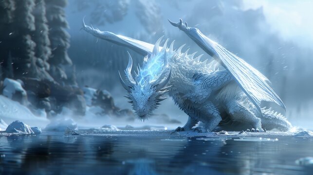 A majestic ice dragon emerging from a frozen lake, intricate details in its scales and wings, ethereal blue light emanating from its eyes