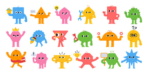 Geometric characters. Cartoon abstract mascot figures with faces and different poses. Emotion avatar. Funny math for kids, comic shapes. Business team. Vector set