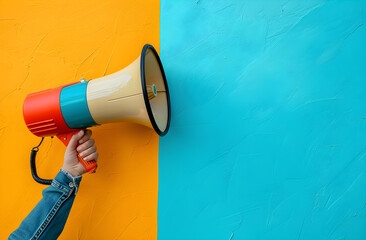 A person holding a megaphone against a colorful background, ready to make an announcement or speak to a crowd. Suitable for marketing, protest, or public speaking concepts.