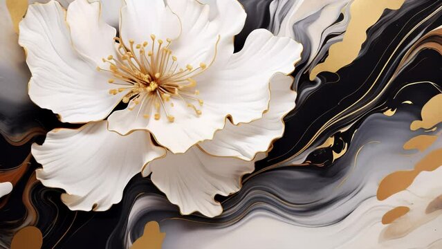 White peony on liquid marbled white and gold black background.