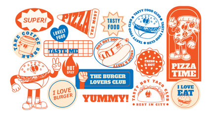Retro fast food stickers. Cartoon junk food character patches. Funny cafe meals mascot. Vintage style 60s - 70s badges with burger, pizza, hot dog. Groovy vector elements