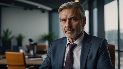 Naklejka premium Mature businessman, portrait and confidence for boss, decision and management in office, Project manager, professional and ceo in workplace for risk, company budget and development or goal
