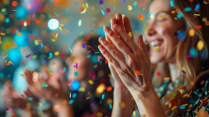 Close-up of hands clapping amidst vibrant confetti, capturing the essence of a joyful celebration and festive atmosphere.