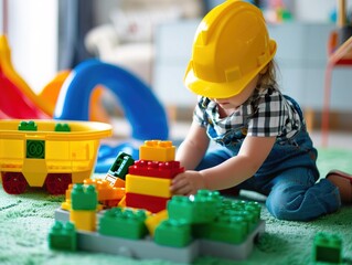 Fototapeta premium Kids Play Room, Child in Hard Hat Playing Building Blocks Toys. Development and Construction Concept