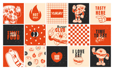 Fast food posters. Retro 70s cards, stickers with burger, hot dog, pizza. Funky branding patches. Slogan, quote, groovy food characters. Trendy vector cafe bar templates © Foxy Fox
