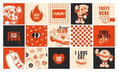 Fotobehang Vintage Poster Fast food posters. Retro 70s cards, stickers with burger, hot dog, pizza. Funky branding patches. Slogan, quote, groovy food characters. Trendy vector cafe bar templates  © Foxy Fox