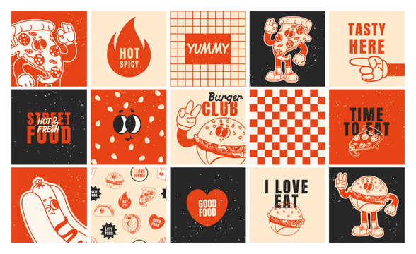 Fast food posters. Retro 70s cards, stickers with burger, hot dog, pizza. Funky branding patches. Slogan, quote, groovy food characters. Trendy vector cafe bar templates