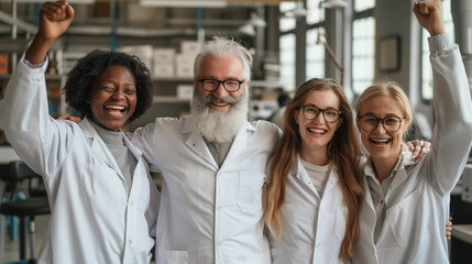 Diverse group of scientists posing in lab coats