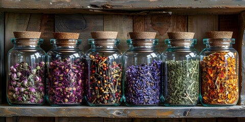 Glass jars of dried herbs and spices on old wooden shelf. Concept Herb and Spice Storage, Vintage Kitchen Decor, Dried Ingredients, Rustic Shelving, Home Organization