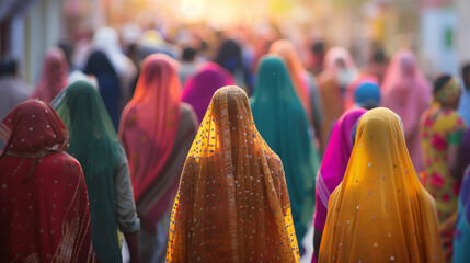 Group of women in colorful saris walking down a street