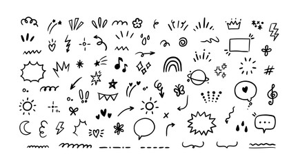 Hand drawn line elements. Doodle pen signs and effects. Simple sketch sparkle, star, glitter, icons, heart, floral objects. Decorative pencil curved symbols and shape. Vector set