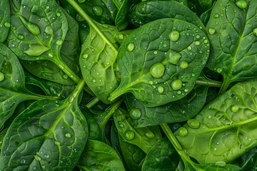 Fototapeta premium Close-up macro view of fresh green spinach leaves, high resolution.