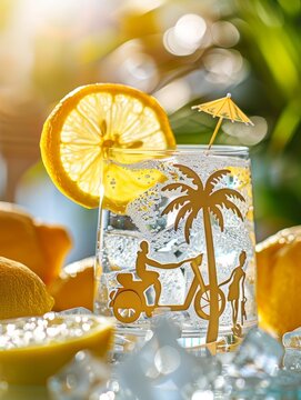 Close-up advertisement photo of a cocktail glass with ice cubes and sparkling yellow half opac lemonade