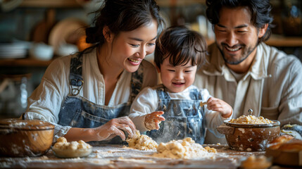Happy kitchen with family, generative AI