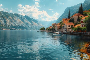 Fototapeta premium Charming Coastal Village by Calm Waters