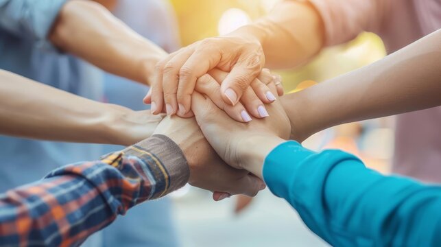 teamwork and collaboration concept with corporate professionals joining hands reinforcing unity and collective success