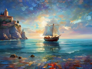 Watercolor ship in the sea