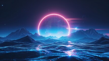 Neo tech background with hexagonal circle on wireframe landscape. Modern illustration 