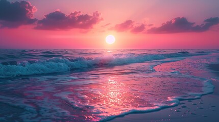 Obraz premium Beach retro wave or synthwave background, retro summer sunset wallpaper