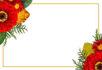 Autumn corner composithions with zinnia, chrysanthemum flowers and seasonal leaves with ginger...