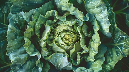 Obraz premium Close up top view of textured green leaves of Savoy cabbages.