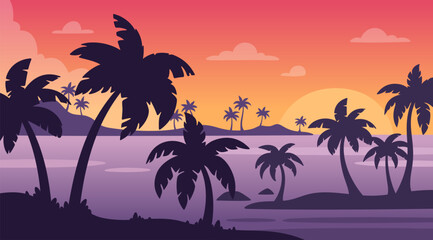Island sunset landscape. Cartoon silhouette beach scene with palms tree in evening. Panoramic summer season background. Thailand and California horizon Vector concept
