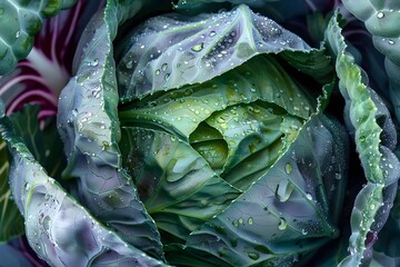 Fototapeta premium Big cabbage in green leaves closeup beautiful healthy vegetable. Top view.