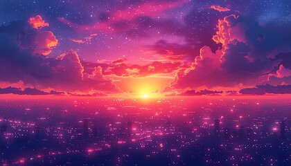 Fototapeta premium Stunning, vibrant sunset over a city skyline with a pink and purple sky and clouds.