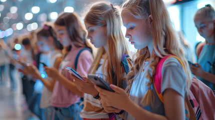 Obraz premium Group of teenage girls and boys holding mobile phones watching video, chatting, communication online. Technology addiction, social media concept. Gen Alpha kids. Generative ai.