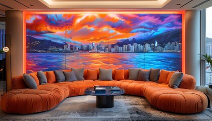 Modern living room interior with a large abstract cityscape painting above a curved orange sofa