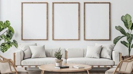 three blank wooden poster frame mockups in living room interior