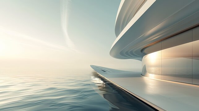 Yacht with cutting-edge architectural design and minimalist features elegant lines copy space ethereal manipulation beach backdrop