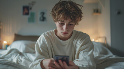 Sad teenage boy looking at smartphone at bedroom. Teen scrolling through social media on phone screen. Internet addiction in kids. Generative ai.