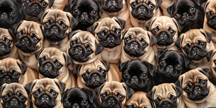 Seamless pattern with realistic tricolor pug dogs. Colorful background, illustration, banner with dog heads for creating textile, wallpaper, cards, paper, invitations, design, print, linen