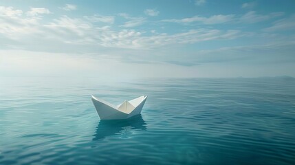 Obraz premium tiny paper boat adrift on a vast tranquil ocean surreal conceptual photography