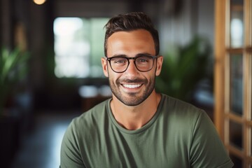 Obraz premium Portrait of a happy, stylish young man with glasses smiling inside a modern interior space