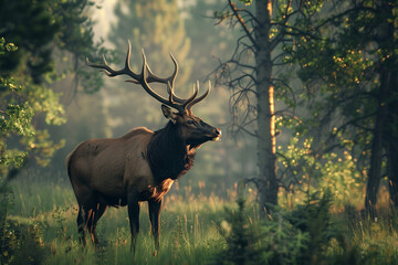 A Majestic Elk Standing Tall in the Forest Clearing