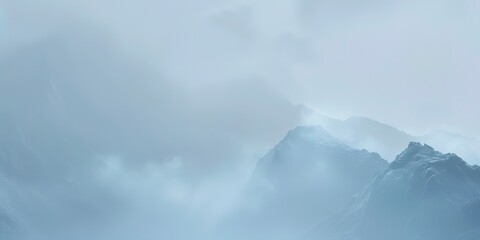 Mountain summit enveloped in fog, close-up on faint outlines of rocks, cool, subdued morning light. 