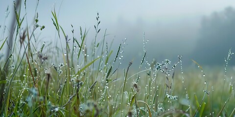 Foggy early morning in the mountains, close-up on grass and wildflowers covered in dew, tranquil scene. 