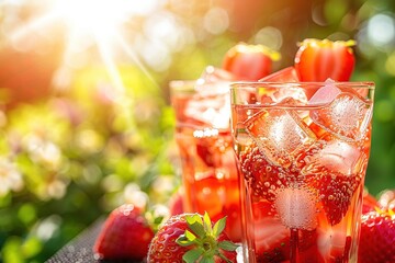 Refreshing strawberry drink in glasses with ice cubes on a sunny day - Powered by Adobe