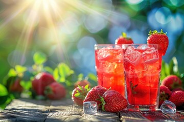 Refreshing strawberry drink in glasses with ice cubes on a sunny day