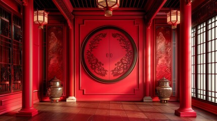 traditional empty red chinese room interior with ornate decorations oriental architecture design